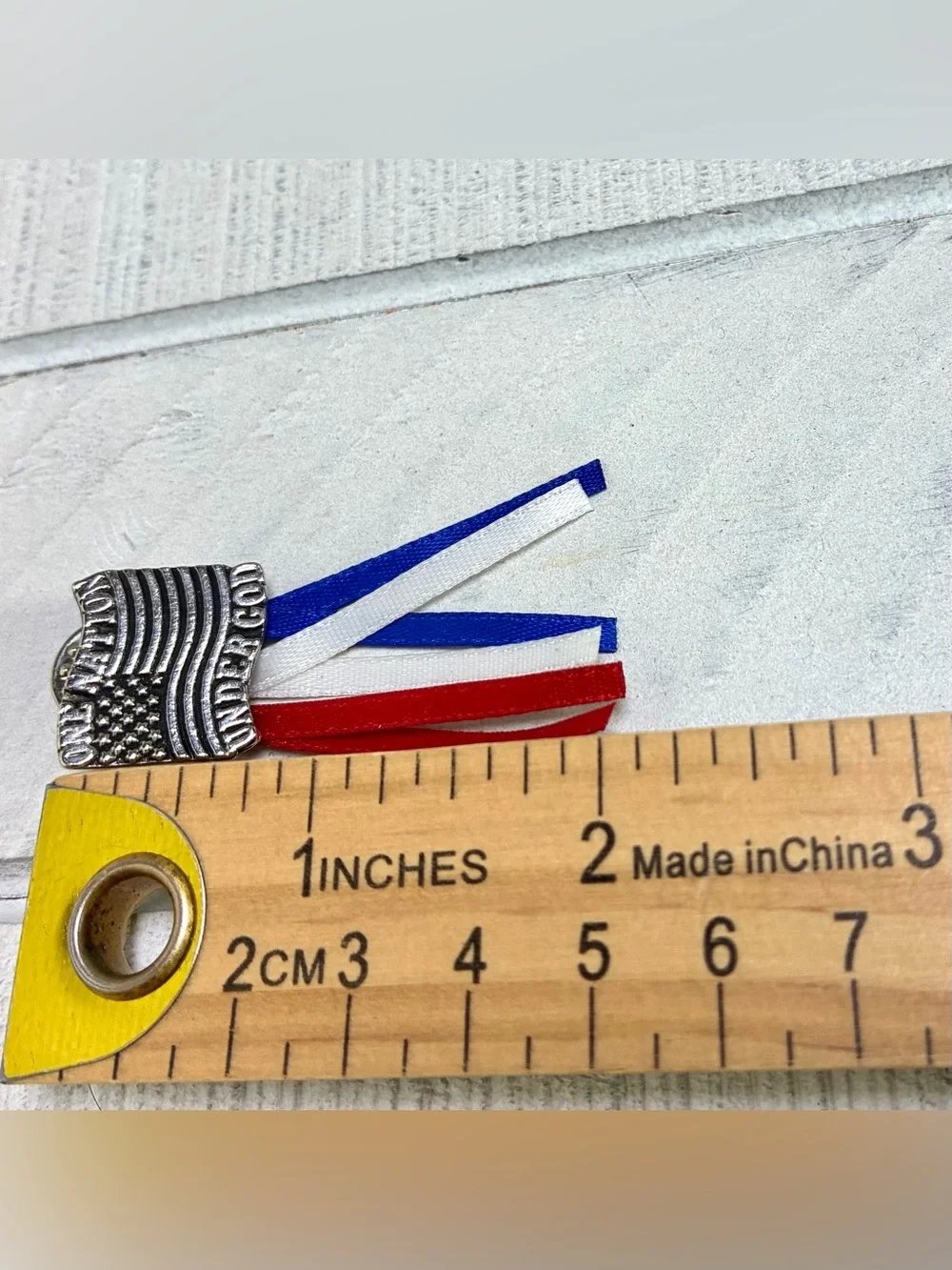 One Nation Under God Pin Silver Hue American Flag W/Tassels Patriotic Lapel 2”